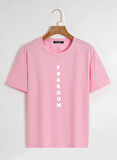 Unisex Oversize Bisiklet Yaka Freedom Baskılı Basic T-Shirt - PEMBE