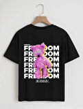 Unisex Oversize Bisiklet Yaka Freedom Baskılı Basic T-Shirt - SİYAH