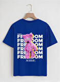 Unisex Oversize Bisiklet Yaka Freedom Baskılı Basic T-Shirt - SAKS MAVİSİ