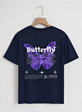 Unisex Oversize Bisiklet Yaka Butterfly Baskılı Basic T-Shirt - LACİVERT