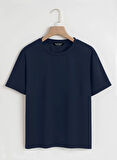 Unisex Oversize Bisiklet Yaka Butterfly Baskılı Basic T-Shirt - LACİVERT