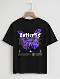 Unisex Oversize Bisiklet Yaka Butterfly Baskılı Basic T-Shirt - SİYAH