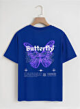 Unisex Oversize Bisiklet Yaka Butterfly Baskılı Basic T-Shirt - SAKS MAVİSİ