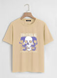 Unisex Oversize Bisiklet Yaka Hysterigal Baskılı Basic T-Shirt - BEJ