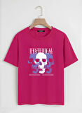 Unisex Oversize Bisiklet Yaka Hysterigal Baskılı Basic T-Shirt - FUŞYA
