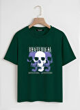 Unisex Oversize Bisiklet Yaka Hysterigal Baskılı Basic T-Shirt - KOYU YEŞİL
