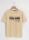 Unisex Oversize Bisiklet Yaka You Are Baskılı Basic T-Shirt - BEJ
