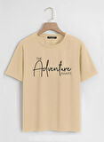 Unisex Oversize Bisiklet Yaka Adventure Baskılı Basic T-Shirt - BEJ