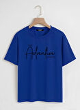 Unisex Oversize Bisiklet Yaka Adventure Baskılı Basic T-Shirt - SAKS MAVİSİ