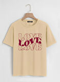 Unisex Oversize Bisiklet Yaka Theree Love Baskılı Basic T-Shirt - BEJ