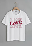Unisex Oversize Bisiklet Yaka Theree Love Baskılı Basic T-Shirt - BEYAZ