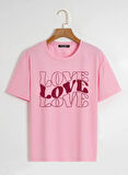 Unisex Oversize Bisiklet Yaka Theree Love Baskılı Basic T-Shirt - PEMBE