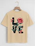 Unisex Oversize Bisiklet Yaka Rose Love Baskılı Basic T-Shirt - BEJ