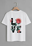 Unisex Oversize Bisiklet Yaka Rose Love Baskılı Basic T-Shirt -BEYAZ