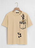 Unisex Oversize Bisiklet Yaka Climbing Panda Baskılı Basic T-Shirt - BEJ