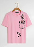 Unisex Oversize Bisiklet Yaka Climbing Panda Baskılı Basic T-Shirt - PEMBE