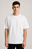 Unisex Bisiklet Yaka %100 Organik Pamuklu Kalın Dokulu Düz Oversize T-shirt - BEYAZ