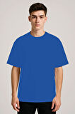 Unisex Bisiklet Yaka %100 Organik Pamuklu Kalın Dokulu Düz Oversize T-shirt - SAKS MAVİSİ