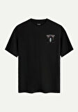 Unisex Bisiklet Yaka %100 Organik Pamuklu Kalın Dokulu Behind Baskılı Oversize T-shirt - SİYAH