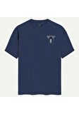 Unisex Bisiklet Yaka %100 Organik Pamuklu Kalın Dokulu Behind Baskılı Oversize T-shirt - LACİVERT