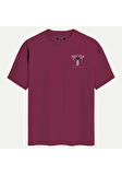 Unisex Bisiklet Yaka %100 Organik Pamuklu Kalın Dokulu Behind Baskılı Oversize T-shirt - BORDO