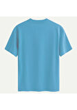 Unisex Bisiklet Yaka %100 Organik Pamuklu Kalın Dokulu California Baskılı Oversize T-shirt - MAVİ
