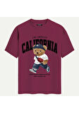 Unisex Bisiklet Yaka %100 Organik Pamuklu Kalın Dokulu California Baskılı Oversize T-shirt - BORDO