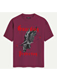 Unisex Bisiklet Yaka %100 Organik Pamuklu Kalın Dokulu Guardian Protection Baskılı Oversize T-shirt - BORDO