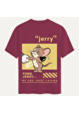 Unisex Bisiklet Yaka %100 Organik Pamuklu Kalın Dokulu Jerry Baskılı Oversize T-shirt - BORDO