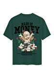 Unisex Bisiklet Yaka %100 Organik Pamuklu Kalın Dokulu Made Of Money Baskılı Oversize T-shirt - KOYU YEŞİL