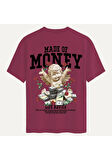 Unisex Bisiklet Yaka %100 Organik Pamuklu Kalın Dokulu Made Of Money Baskılı Oversize T-shirt - BORDO