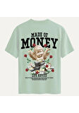 Unisex Bisiklet Yaka %100 Organik Pamuklu Kalın Dokulu Made Of Money Baskılı Oversize T-shirt - BEJ