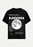 Unisex Bisiklet Yaka %100 Organik Pamuklu Kalın Dokulu Moon Baskılı Oversize T-shirt - SİYAH