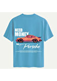 Unisex Bisiklet Yaka %100 Organik Pamuklu Kalın Dokulu Need Money For Porsche Baskılı Oversize T-shirt - MAVİ