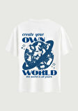 Unisex Bisiklet Yaka %100 Organik Pamuklu Kalın Dokulu Own World Baskılı Oversize T-shirt - BEYAZ