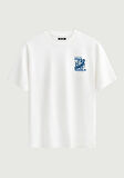 Unisex Bisiklet Yaka %100 Organik Pamuklu Kalın Dokulu Own World Baskılı Oversize T-shirt - BEYAZ