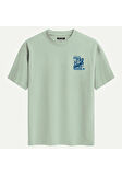 Unisex Bisiklet Yaka %100 Organik Pamuklu Kalın Dokulu Own World Baskılı Oversize T-shirt - BEJ