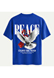 Unisex Bisiklet Yaka %100 Organik Pamuklu Kalın Dokulu Peace Baskılı Oversize T-shirt - SAKS MAVİSİ