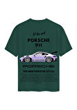 Unisex Bisiklet Yaka %100 Organik Pamuklu Kalın Dokulu Porsche 911 Baskılı Oversize T-shirt - KOYU YEŞİL
