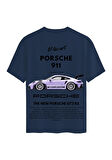 Unisex Bisiklet Yaka %100 Organik Pamuklu Kalın Dokulu Porsche 911 Baskılı Oversize T-shirt - LACİVERT