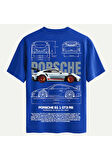 Unisex Bisiklet Yaka %100 Organik Pamuklu Kalın Dokulu Porsche 911 gt3 rs Baskılı Oversize T-shirt - SAKS MAVİSİ