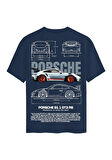 Unisex Bisiklet Yaka %100 Organik Pamuklu Kalın Dokulu Porsche 911 gt3 rs Baskılı Oversize T-shirt - LACİVERT