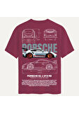 Unisex Bisiklet Yaka %100 Organik Pamuklu Kalın Dokulu Porsche 911 gt3 rs Baskılı Oversize T-shirt - BORDO