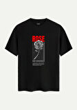 Unisex Bisiklet Yaka %100 Organik Pamuklu Kalın Dokulu Rose Baskılı Oversize T-shirt - SİYAH
