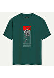 Unisex Bisiklet Yaka %100 Organik Pamuklu Kalın Dokulu Rose Baskılı Oversize T-shirt - KOYU YEŞİL