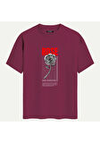Unisex Bisiklet Yaka %100 Organik Pamuklu Kalın Dokulu Rose Baskılı Oversize T-shirt - BORDO