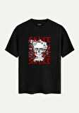 Unisex Bisiklet Yaka %100 Organik Pamuklu Kalın Dokulu Skull Baskılı Oversize T-shirt - SİYAH