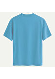 Unisex Bisiklet Yaka %100 Organik Pamuklu Kalın Dokulu Skull Baskılı Oversize T-shirt - MAVİ
