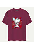 Unisex Bisiklet Yaka %100 Organik Pamuklu Kalın Dokulu Skull Baskılı Oversize T-shirt - BORDO