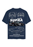 Unisex Bisiklet Yaka %100 Organik Pamuklu Kalın Dokulu Toyota Supra A90 Baskılı Oversize T-shirt - LACİVERT